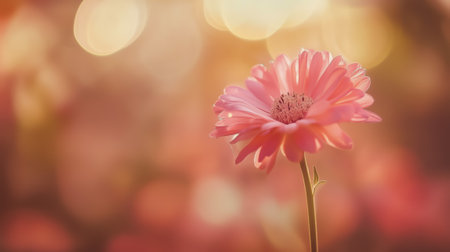 A close-up of a beautiful pink flower with a soft bokeh background illuminated by sunlightの素材