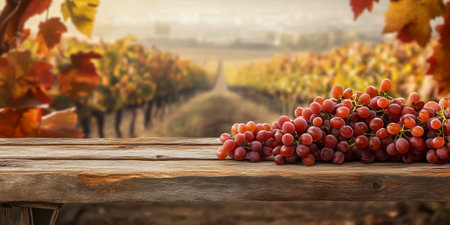 A bunch of fresh grapes resting on a wooden table with a vineyard view in the backgroundの素材