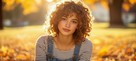 A young woman with curly hair poses in an autumn park surrounded by colorful leavesの素材