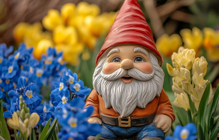 A cheerful garden gnome surrounded by vibrant blue and yellow flowers in bloomの素材