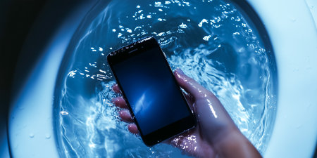 A smartphone is held above water, showing a dramatic underwater effectの素材