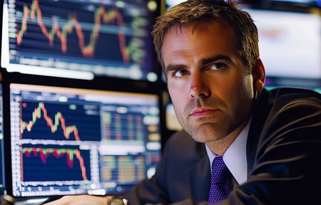 A focused businessman examines stock market trends using multiple screens in a modern office environmentの素材