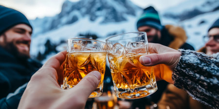Friends enjoying a toast with whiskey glasses against a snowy mountain backdropの素材