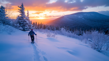 A person snowshoeing in a snowy landscape during a vibrant sunset in the mountainsの素材