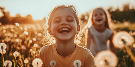 Two joyful girls laughing together surrounded by dandelions in a golden sunset glowの素材