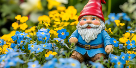 A whimsical garden gnome surrounded by colorful blue and yellow flowers in a lush gardenの素材