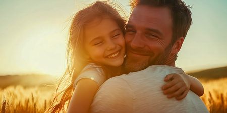 A father holds his smiling daughter close in a golden sunset wheat fieldの素材