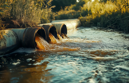 Industrial pipes discharge polluted water into a river, surrounded by overgrown grass and plantsの素材