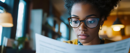 A young woman with glasses reading a document in a warm, inviting environmentの素材