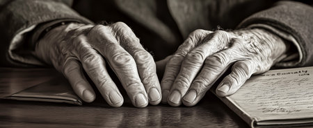Close-up of elderly hands resting atop a table next to a handwritten noteの素材