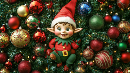 A cheerful elf doll smiles amidst vibrant christmas ornaments and festive greeneryの素材