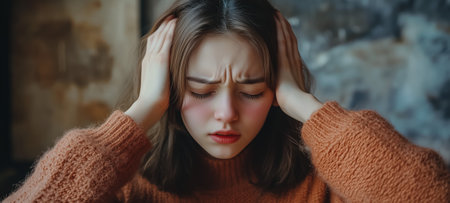 A young woman expressing distress while holding her head with hands in a cozy atmosphereの素材
