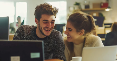 A young couple enjoys a light-hearted moment while working together in a cozy workspaceの素材