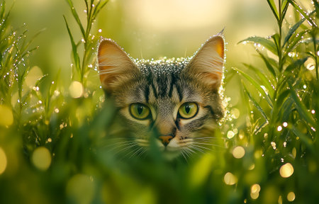 A cat with vivid green eyes emerges through dew-kissed grass in warm sunlightの素材