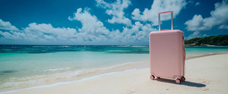 A pink suitcase stands on the sandy beach with ocean waves in the backgroundの素材