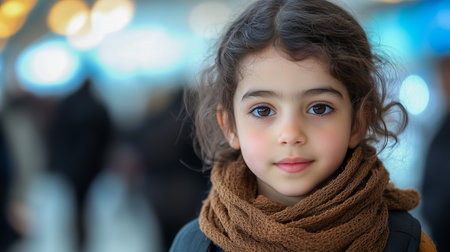 A young girl with curly hair and a brown scarf smiles in a brightly lit indoor environmentの素材