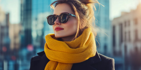 A young woman wearing sunglasses and a yellow scarf poses confidently in an urban settingの素材