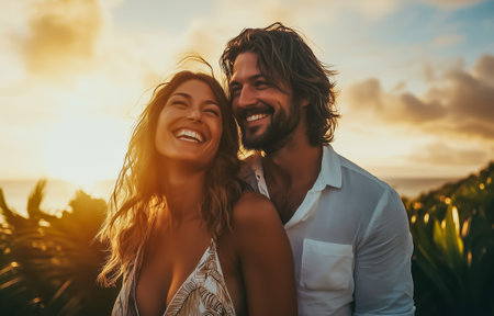A joyful couple enjoying a sunset together, capturing a moment of happiness and loveの素材