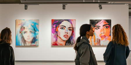 Visitors observe vibrant portraits displayed on the walls of an art galleryの素材