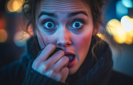 A young woman shows fear with wide eyes and a shocked facial expression at nightの素材