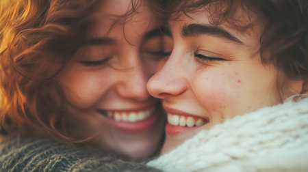 Two women smiling and embracing each other, radiating joy in a cozy winter atmosphereの素材