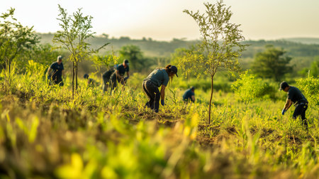 Group of volunteers engaged in planting trees in a lush, green landscape at sunriseの素材