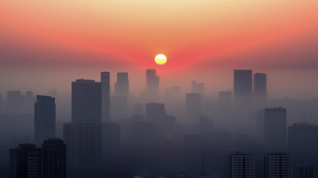 A misty skyline showing tall buildings silhouetted against a vibrant sunset backdropの素材