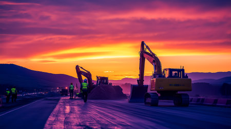Construction workers and excavators working on a road project during a stunning sunset backdropの素材