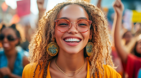 A young woman with curly hair smiles widely at a lively outdoor gatheringの素材