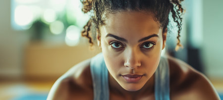 A focused woman practicing fitness in a home gym, emphasizing determination and strengthの素材