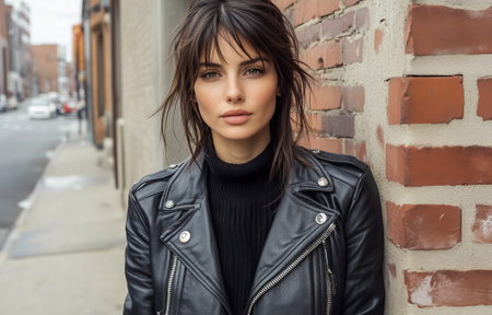 A young woman in a leather jacket poses against a brick wall in an urban settingの素材