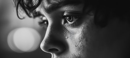 A close-up shot capturing the emotion of a boy with a teardrop in black and whiteの素材