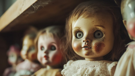 A collection of vintage dolls with distinct facial features displayed on a dusty shelfの素材
