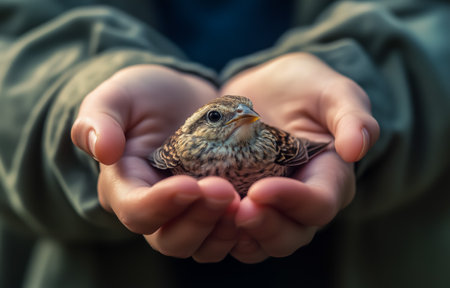 A small bird resting gently in two hands, symbolizing compassion and wildlife protectionの素材