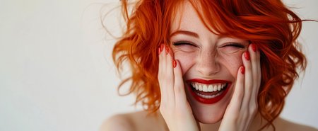 A young woman with vibrant red hair smiling widely while holding her face in joyの素材