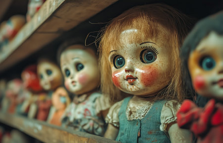 An array of vintage dolls with various expressions displayed on a wooden shelfの素材