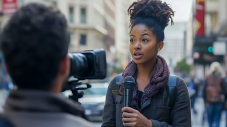 A young reporter stands on a busy street, holding a microphone during an interviewの素材
