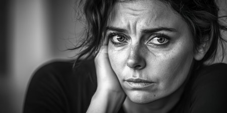 A woman with a thoughtful expression, emphasizing emotions in black and white photographyの素材