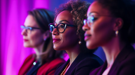Three women with glasses appear engaged, showcasing diversity and professionalism in a conferenceの素材