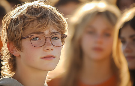 A young boy with curly hair and glasses gazes thoughtfully in a crowded settingの素材