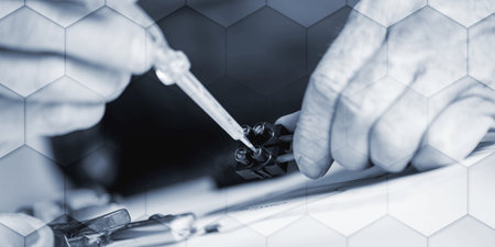 Electrician hands connecting wires in terminal block, geometric pattern