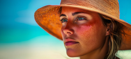 A young woman with a sun hat gazes thoughtfully at the beach backdropの素材