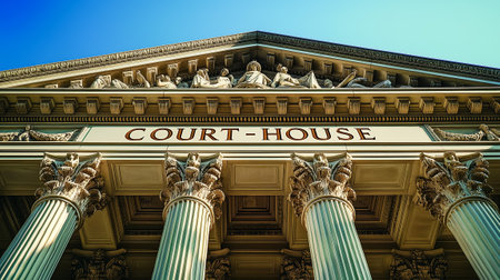 A close-up view of courthouse architecture showcasing ornate columns and decorative carvingsの素材