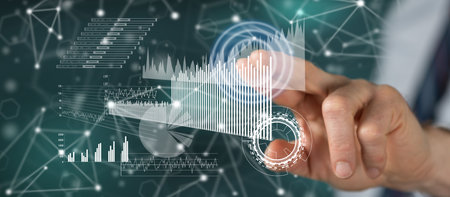 Man touching a financial analysis concept on a touch screen with his finger