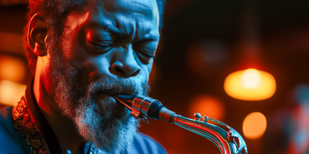 A talented saxophonist immersed in music, captured in a dynamic and colorful performanceの素材