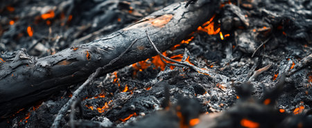 Close-up of charred wood and glowing embers in a recently extinguished fire sceneの素材
