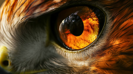 A striking close-up of a bird's eye displaying vivid orange and intricate texturesの素材
