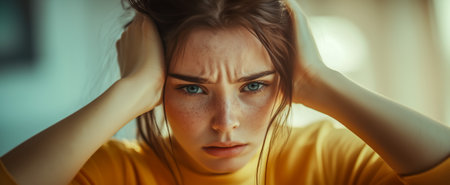 A young woman with freckles showing frustration while holding her head in her handsの素材