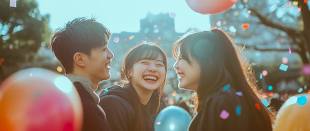 A group of three young friends enjoying a cheerful moment with balloons and confettiの素材