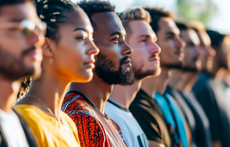 A diverse group of individuals standing in profile against a sunset backdrop, showcasing unityの素材
